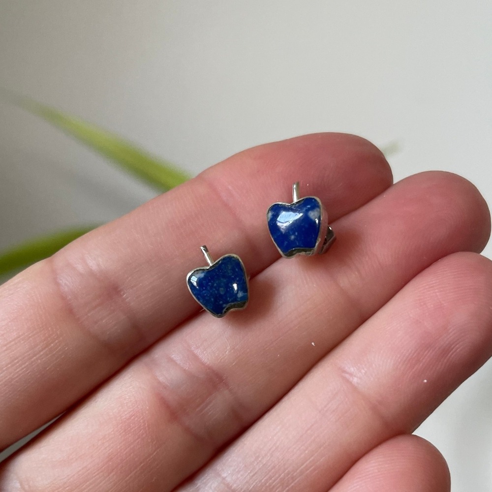 Apple Stud Earrings Blue Silver Tone Cute‎ Fruit Jewelry Teacher Gift Artsy